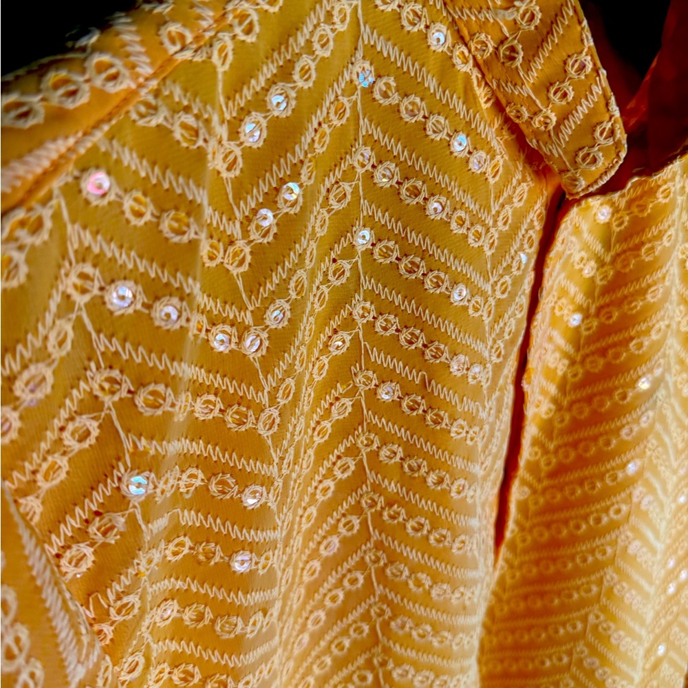 Vibrant Yellow Embroidered Handmade Luxury Kurta - Size 42 - Picture 6 of 15
